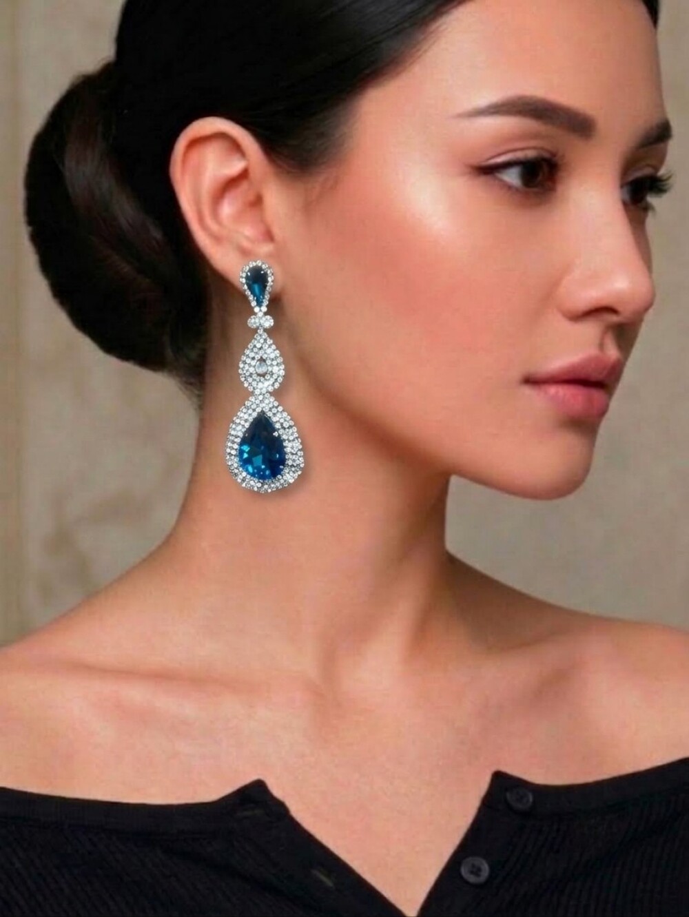 Sapphire Blue Glass Rhinestone Pageant Statement Earrings Prom Event Bridal 3¼" - Picture 13 of 16